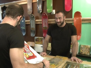 Bound in Public. Horny crowd jumps on a ripped stud in a skate shop