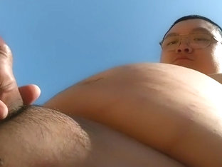 Chubby guy 39 cumshot on the roof